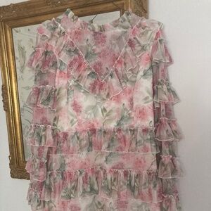 Ivy city co pink and green long sleeve ruffle dress. Size large .